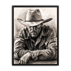 Cowboy sketch wall art with rustic western pencil portrait and monochrome vintage canvas print