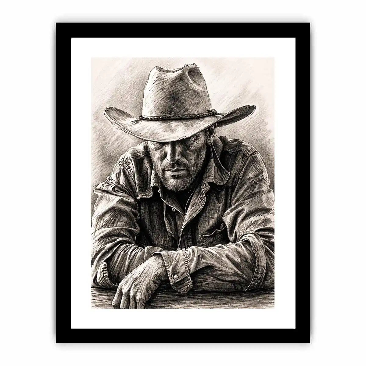 Cowboy sketch wall art with rustic western pencil portrait and monochrome vintage canvas print