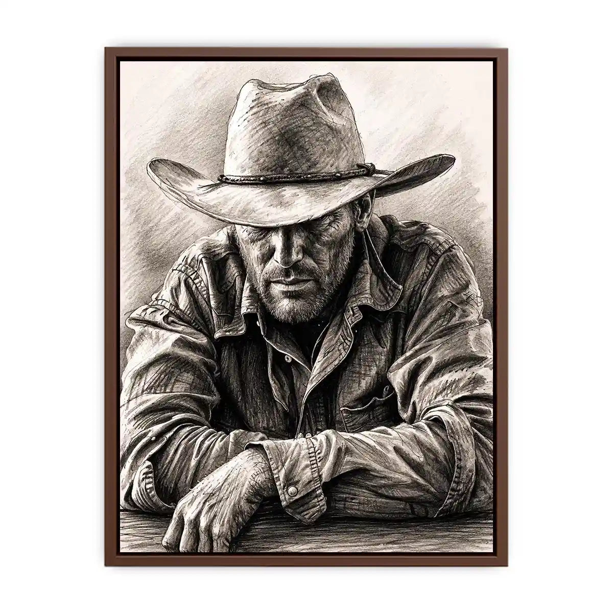 Cowboy sketch wall art with rustic western pencil portrait and monochrome vintage canvas print