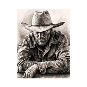 Cowboy sketch wall art with rustic western pencil portrait and monochrome vintage canvas print