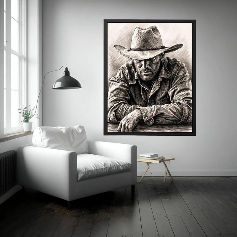 Cowboy sketch wall art with rustic western pencil portrait and monochrome vintage canvas print