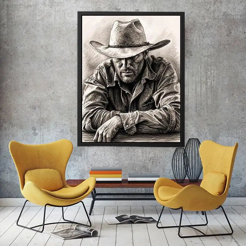 Cowboy sketch wall art with rustic western pencil portrait and monochrome vintage canvas print