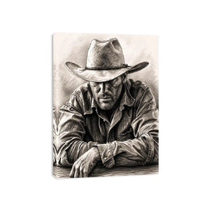 Cowboy sketch wall art with rustic western pencil portrait and monochrome vintage canvas print