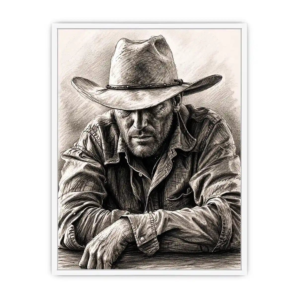 Cowboy sketch wall art with rustic western pencil portrait and monochrome vintage canvas print