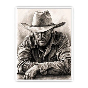Cowboy sketch wall art with rustic western pencil portrait and monochrome vintage canvas print