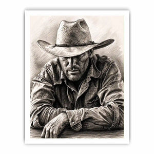 Cowboy sketch wall art with rustic western pencil portrait and monochrome vintage canvas print