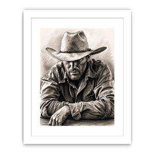 Cowboy sketch wall art with rustic western pencil portrait and monochrome vintage canvas print