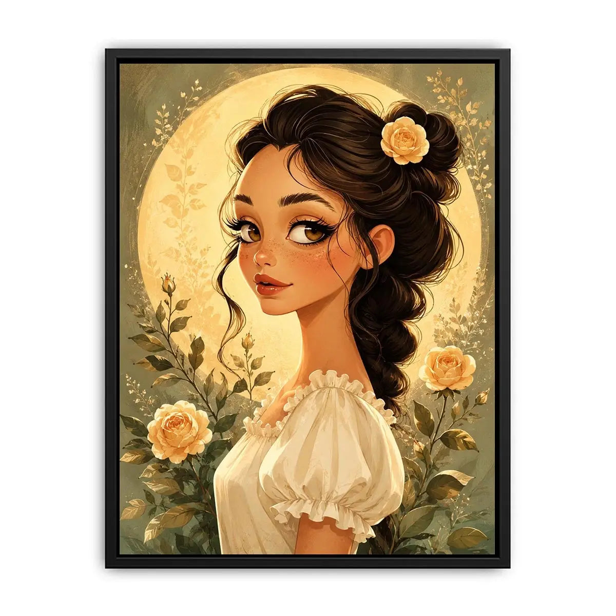 Whimsical girl portrait wall art with soft floral illustration and dreamy pastel canvas print
