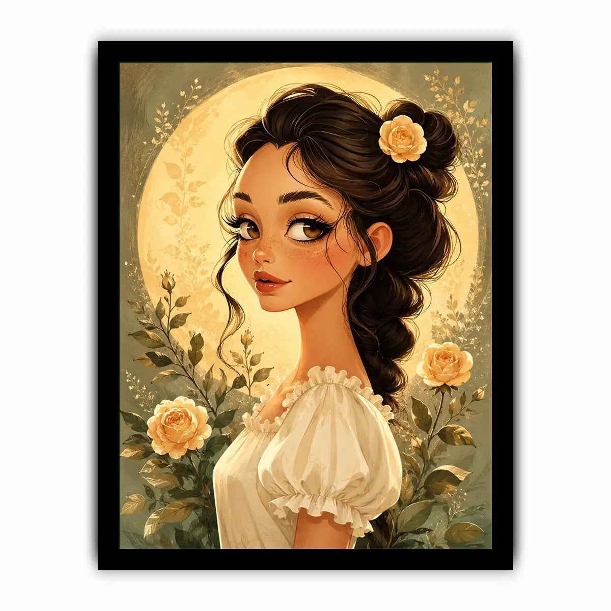 Whimsical girl portrait wall art with soft floral illustration and dreamy pastel canvas print