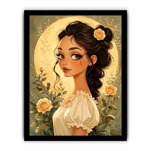 Whimsical girl portrait wall art with soft floral illustration and dreamy pastel canvas print