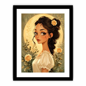 Whimsical girl portrait wall art with soft floral illustration and dreamy pastel canvas print