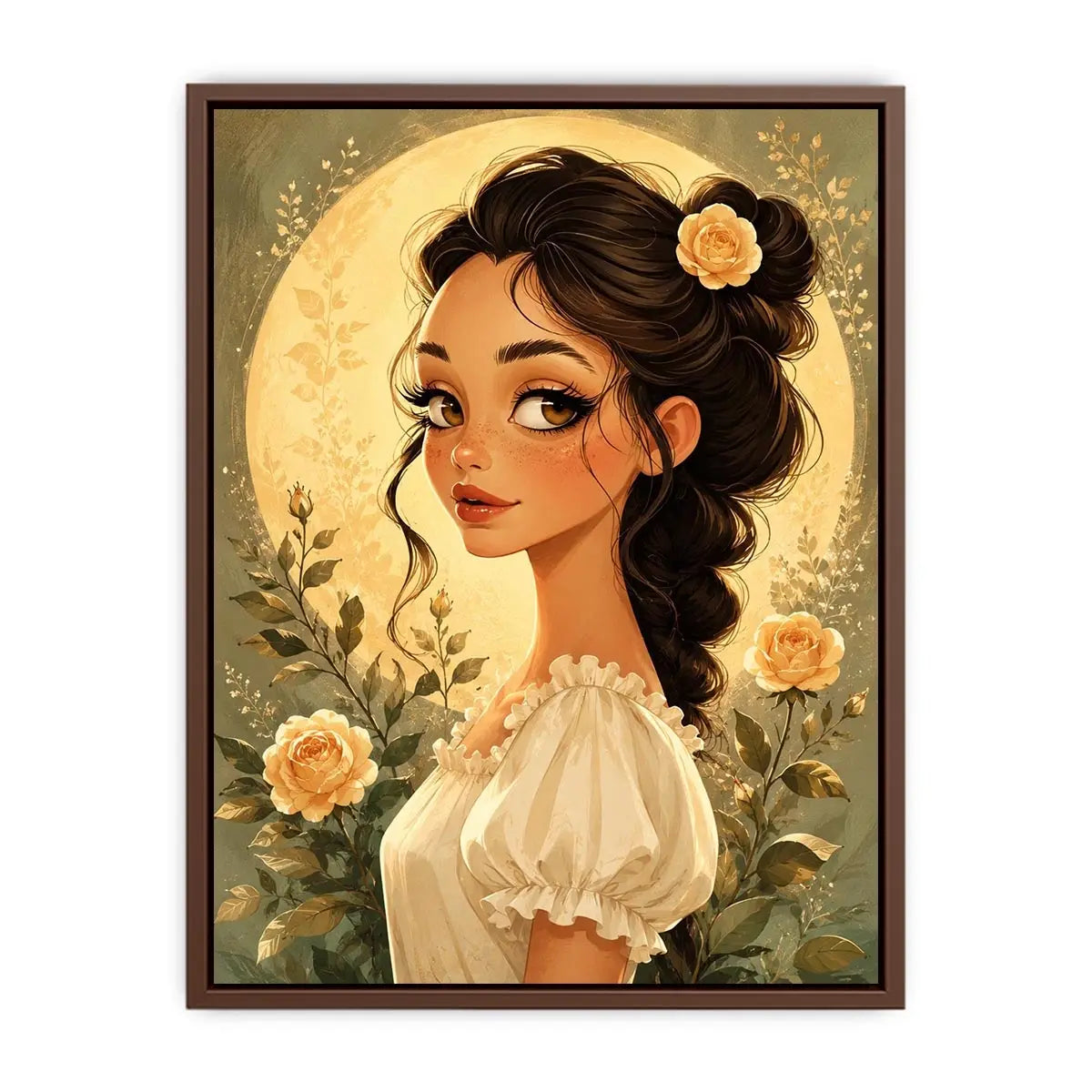 Whimsical girl portrait wall art with soft floral illustration and dreamy pastel canvas print