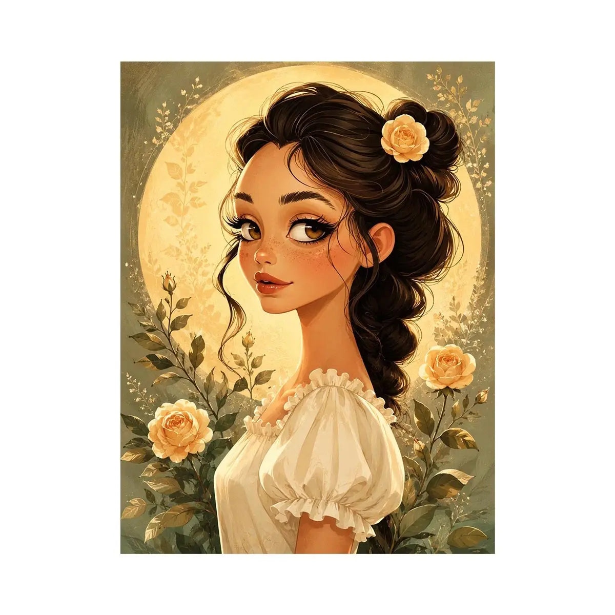 Whimsical girl portrait wall art with soft floral illustration and dreamy pastel canvas print