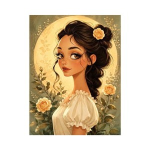 Whimsical girl portrait wall art with soft floral illustration and dreamy pastel canvas print