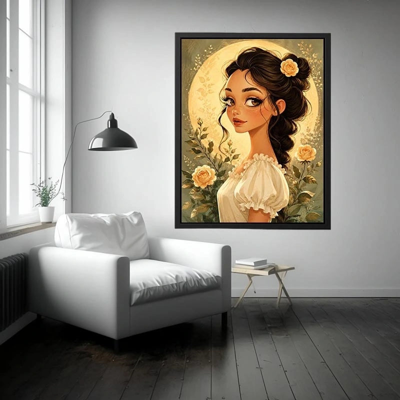 Whimsical girl portrait wall art with soft floral illustration and dreamy pastel canvas print