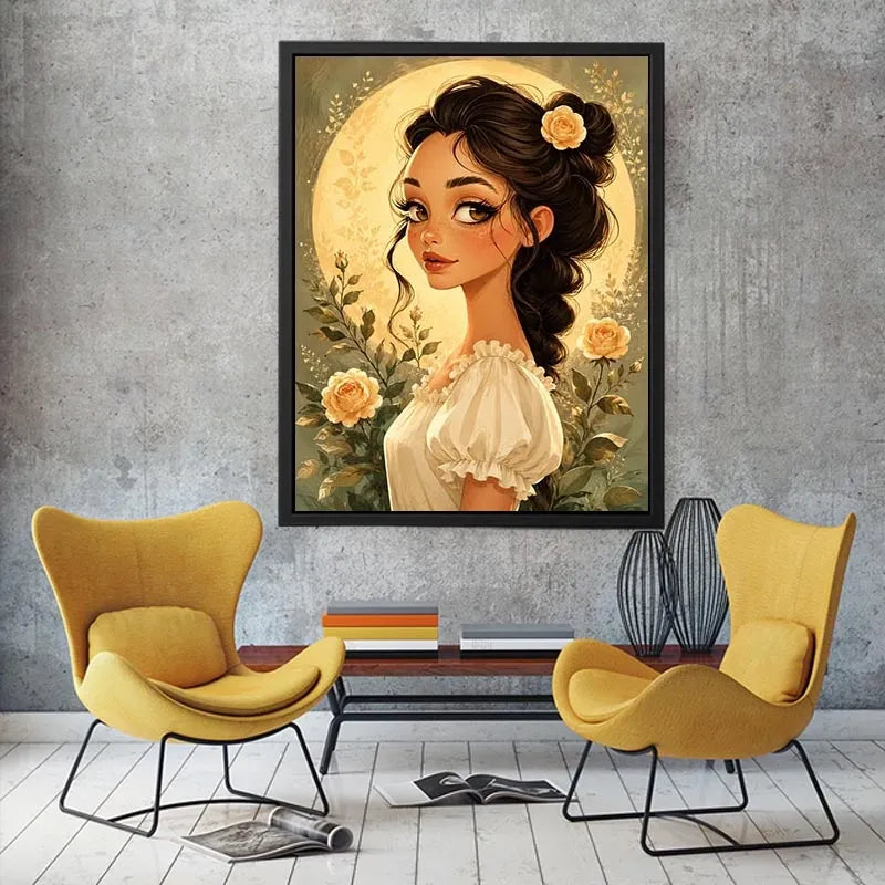 Whimsical girl portrait wall art with soft floral illustration and dreamy pastel canvas print