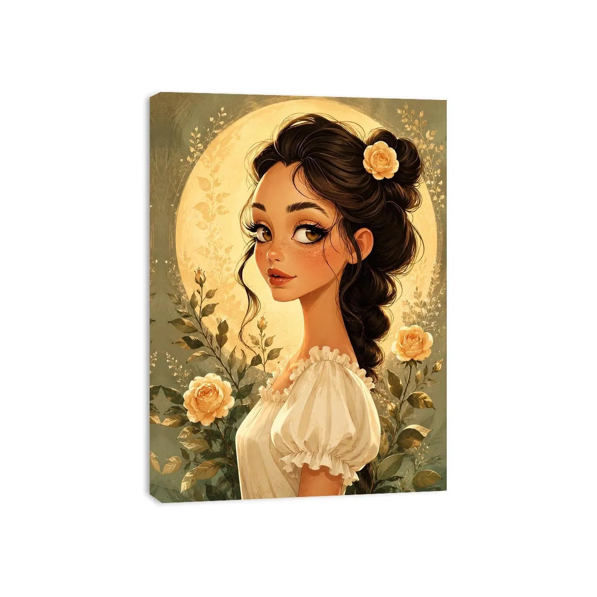 Whimsical girl portrait wall art with soft floral illustration and dreamy pastel canvas print