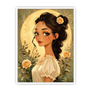 Whimsical girl portrait wall art with soft floral illustration and dreamy pastel canvas print