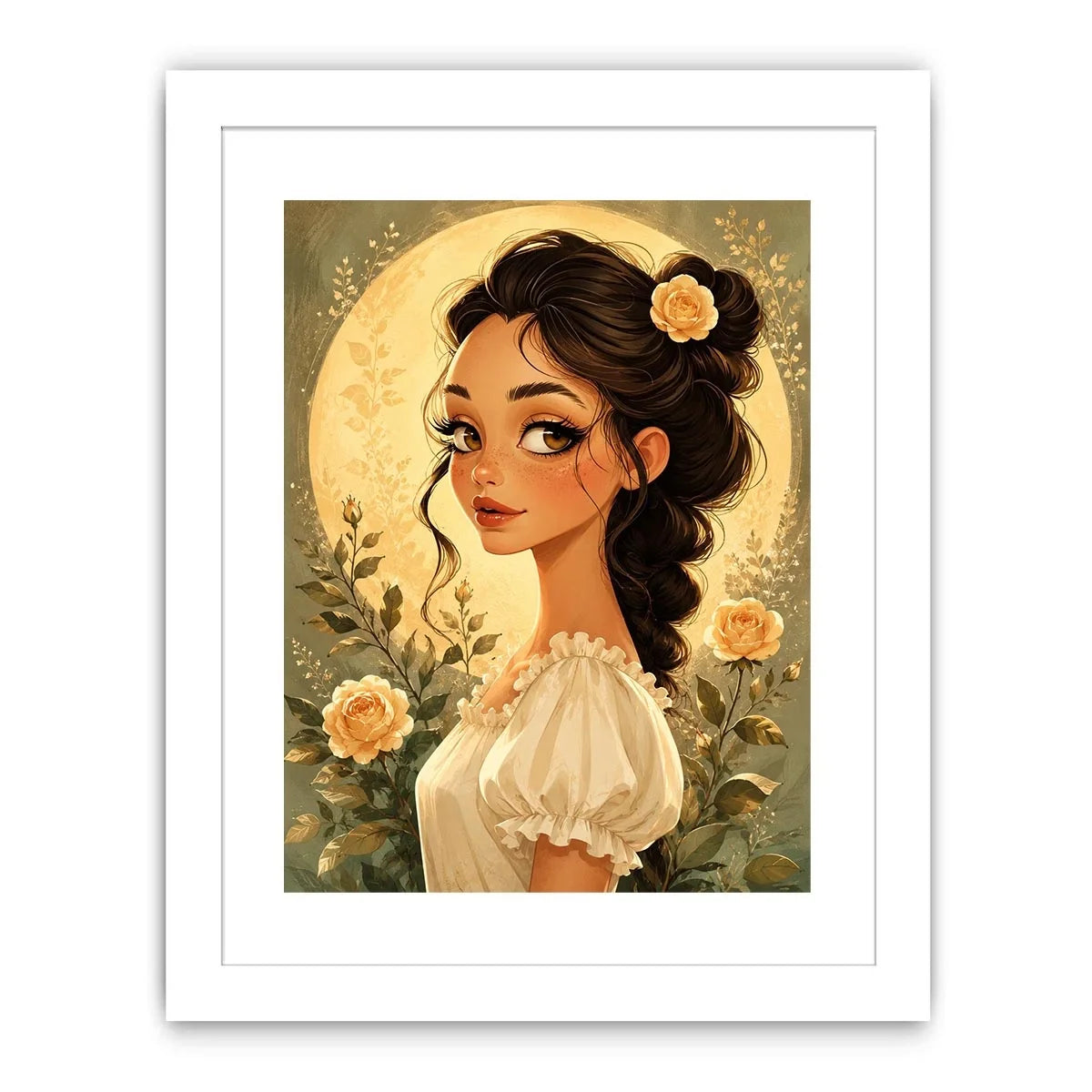 Whimsical girl portrait wall art with soft floral illustration and dreamy pastel canvas print