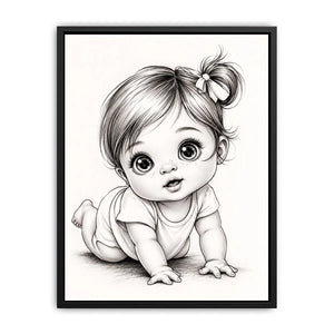 Cute baby sketch wall art with adorable cartoon baby portrait and minimalist nursery canvas print
