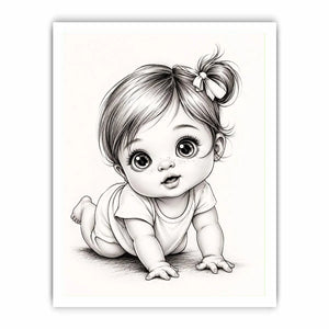 Cute baby sketch wall art with adorable cartoon baby portrait and minimalist nursery canvas print
