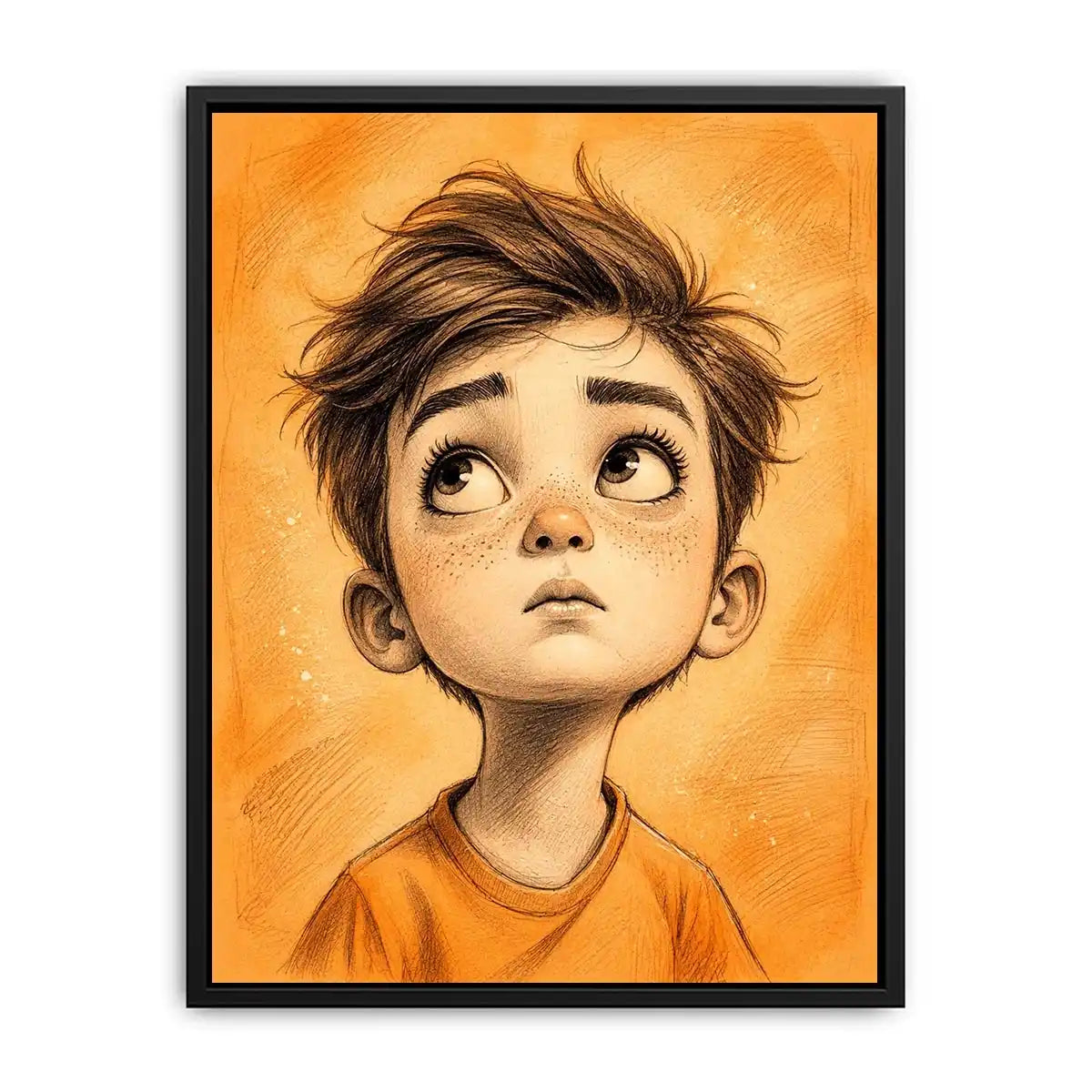 Whimsical boy sketch wall art with expressive cartoon portrait and warm minimalist nursery canvas print