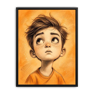 Whimsical boy sketch wall art with expressive cartoon portrait and warm minimalist nursery canvas print