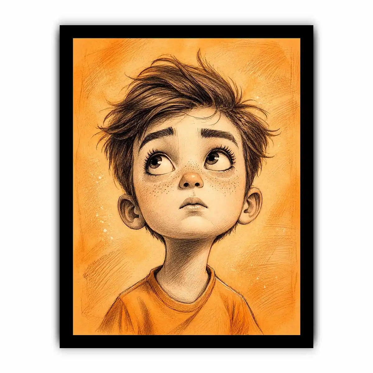 Whimsical boy sketch wall art with expressive cartoon portrait and warm minimalist nursery canvas print