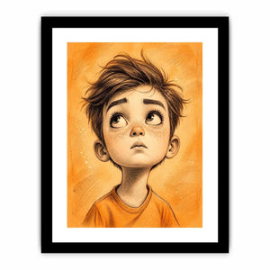 Whimsical boy sketch wall art with expressive cartoon portrait and warm minimalist nursery canvas print