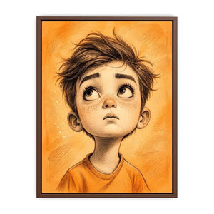 Whimsical boy sketch wall art with expressive cartoon portrait and warm minimalist nursery canvas print