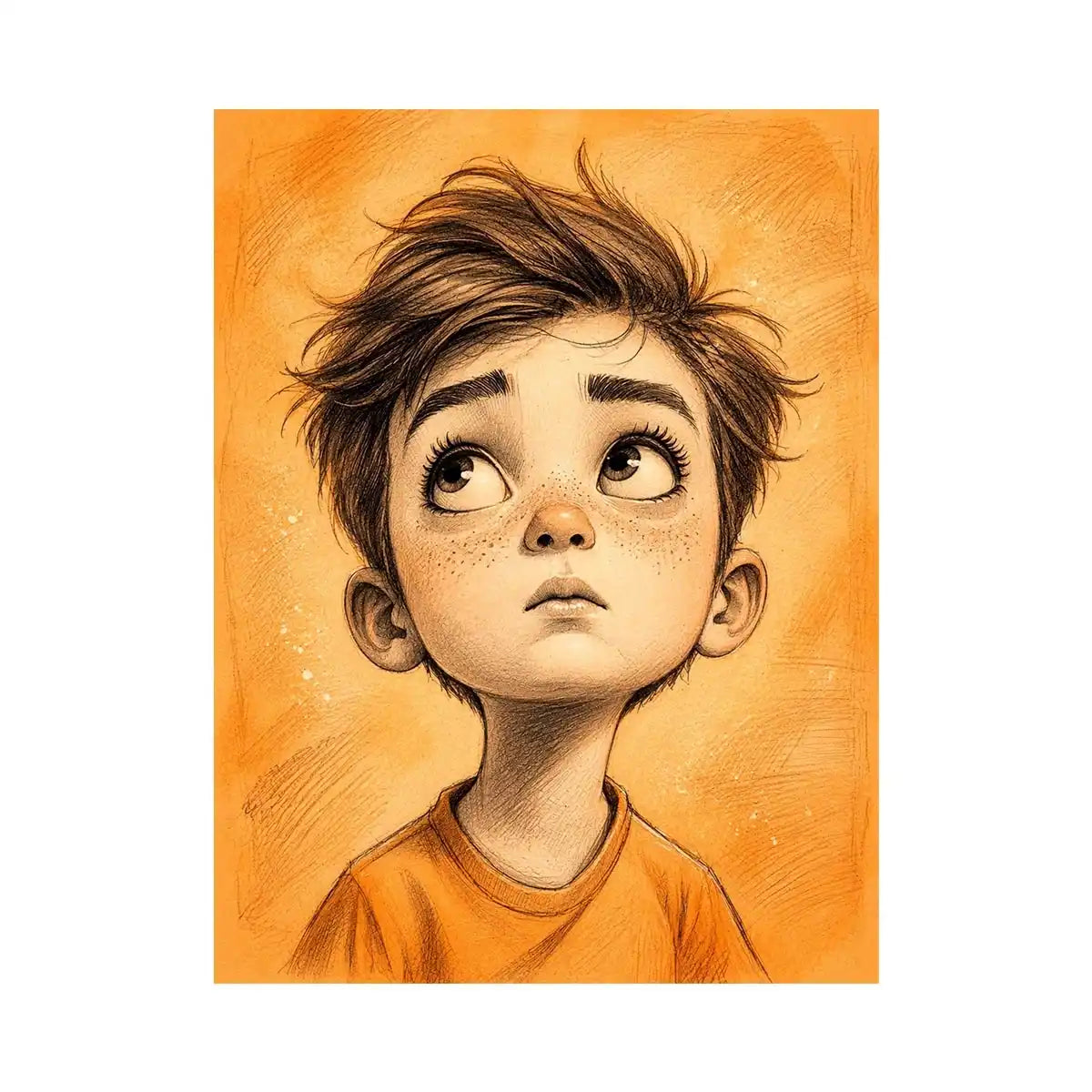 Whimsical boy sketch wall art with expressive cartoon portrait and warm minimalist nursery canvas print