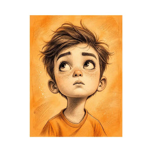 Whimsical boy sketch wall art with expressive cartoon portrait and warm minimalist nursery canvas print