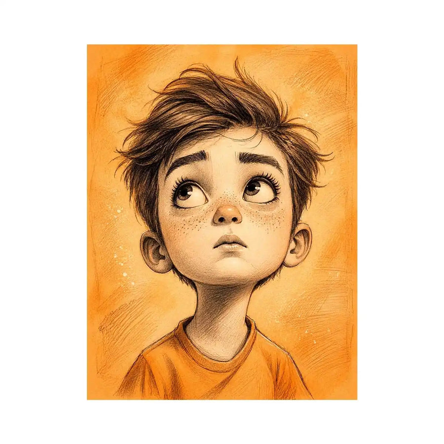 Whimsical boy sketch wall art with expressive cartoon portrait and warm minimalist nursery canvas print
