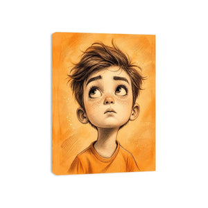 Whimsical boy sketch wall art with expressive cartoon portrait and warm minimalist nursery canvas print