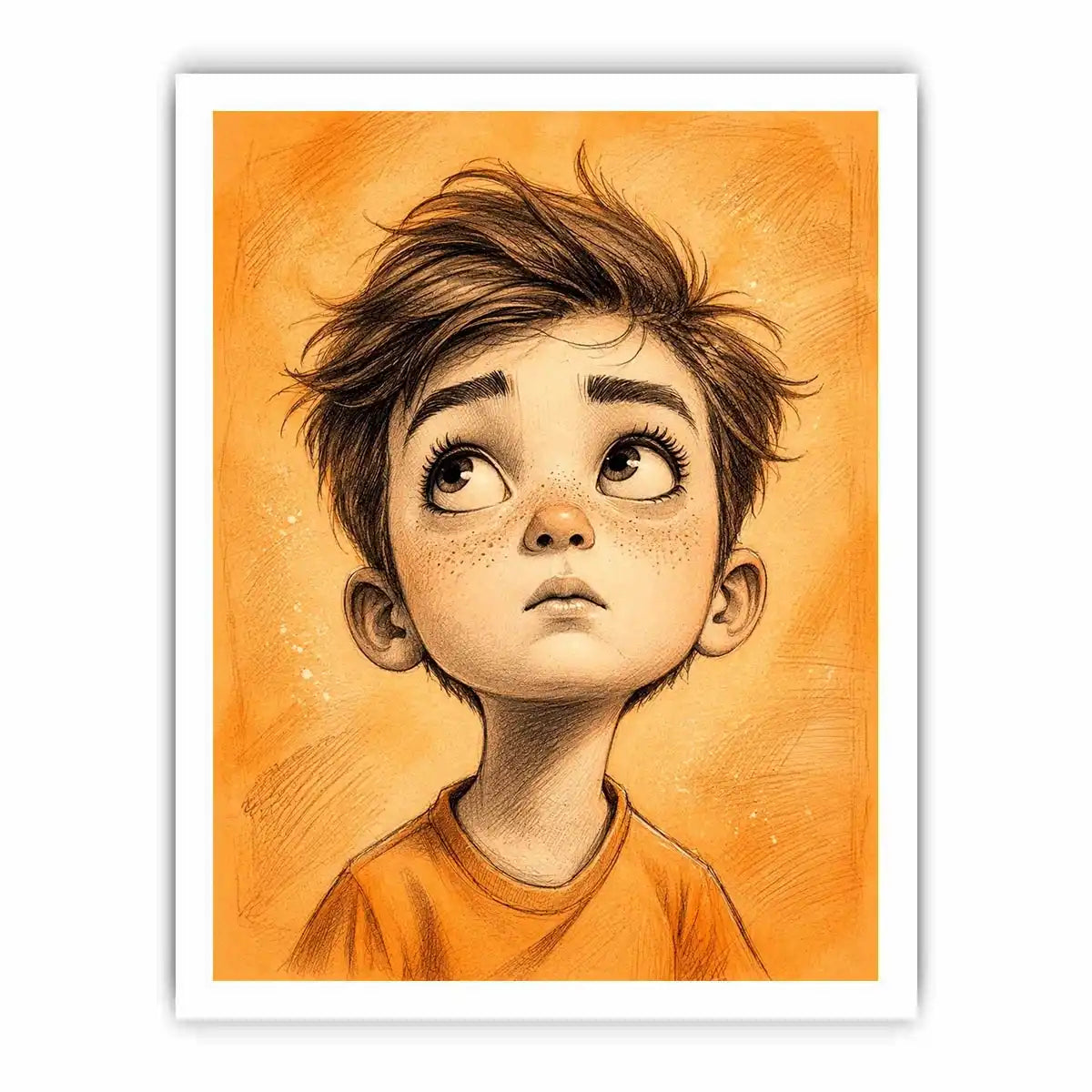Whimsical boy sketch wall art with expressive cartoon portrait and warm minimalist nursery canvas print