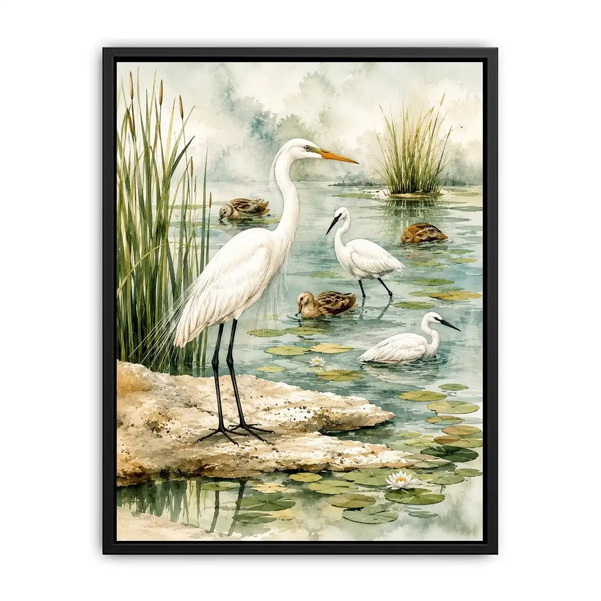 Watercolor heron wall art with serene wetland birds and soft coastal marsh canvas print