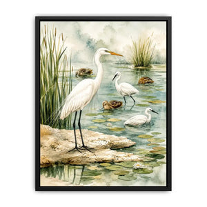 Watercolor heron wall art with serene wetland birds and soft coastal marsh canvas print
