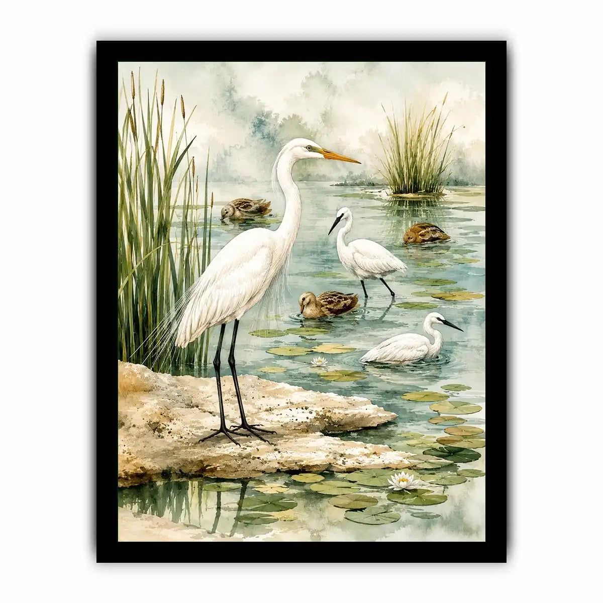 Watercolor heron wall art with serene wetland birds and soft coastal marsh canvas print