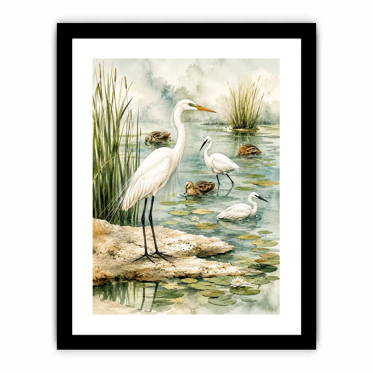 Watercolor heron wall art with serene wetland birds and soft coastal marsh canvas print