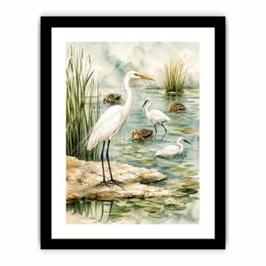 Watercolor heron wall art with serene wetland birds and soft coastal marsh canvas print
