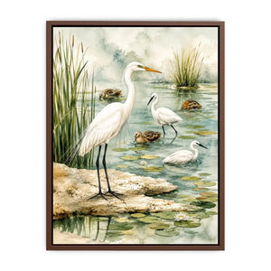Watercolor heron wall art with serene wetland birds and soft coastal marsh canvas print