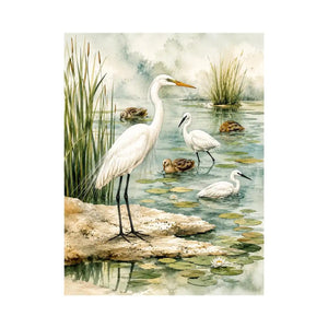 Watercolor heron wall art with serene wetland birds and soft coastal marsh canvas print