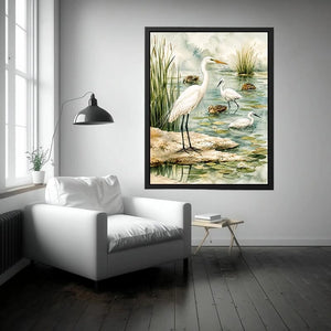 Watercolor heron wall art with serene wetland birds and soft coastal marsh canvas print