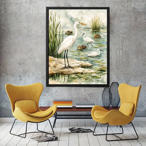Watercolor heron wall art with serene wetland birds and soft coastal marsh canvas print