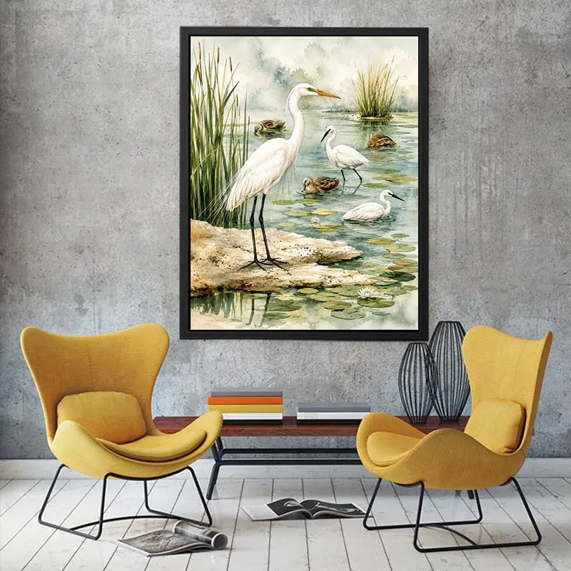 Watercolor heron wall art with serene wetland birds and soft coastal marsh canvas print