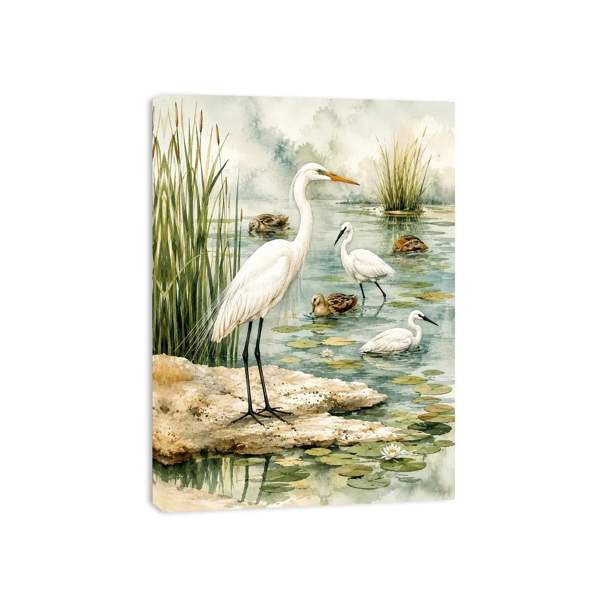 Watercolor heron wall art with serene wetland birds and soft coastal marsh canvas print