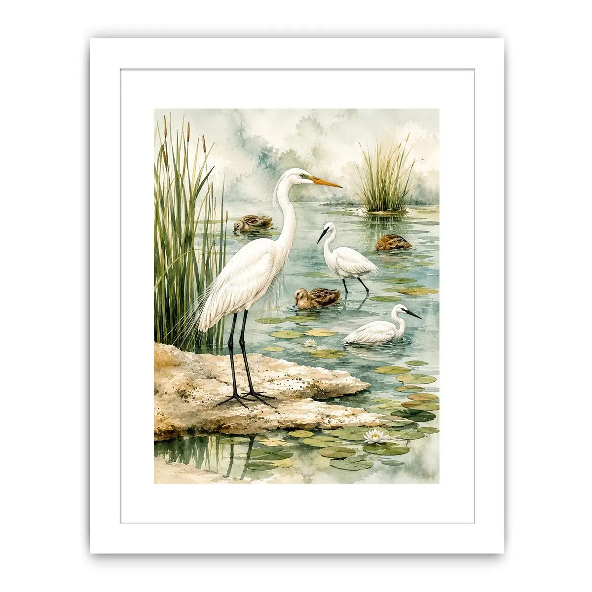 Watercolor heron wall art with serene wetland birds and soft coastal marsh canvas print