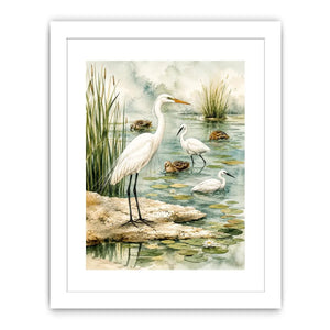 Watercolor heron wall art with serene wetland birds and soft coastal marsh canvas print