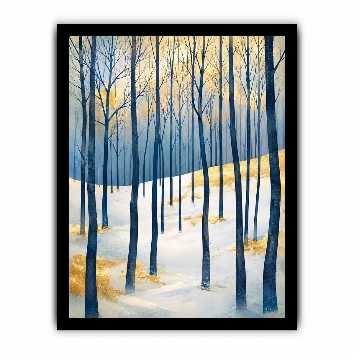 Minimal winter forest wall art with blue woodland trees and golden Scandinavian landscape canvas print