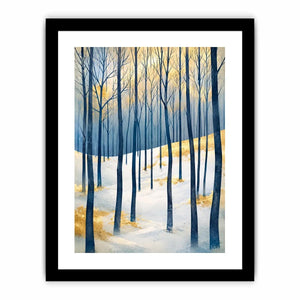 Minimal winter forest wall art with blue woodland trees and golden Scandinavian landscape canvas print